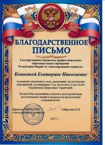 Благодарственные письма от ГБПОУ РМЭ "Автодорожный техникум"